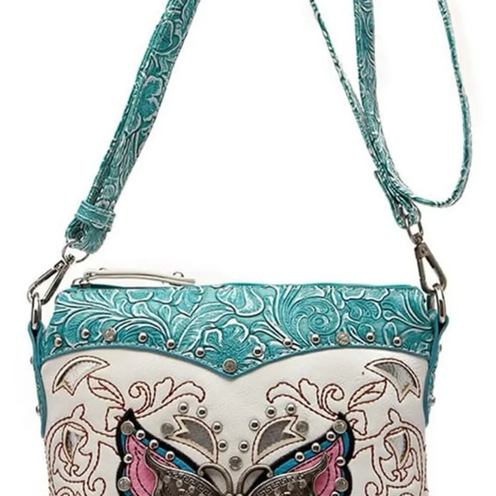 Western Style Leather Purse Women Rhinestone Butterfly Floral Crossbody Bag